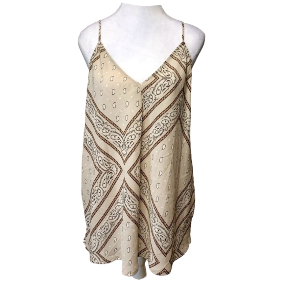 Boho Paisley Bandana Cami Tank Top S Beige Brown Flowy West Kei‎ Coastal Cowgirl